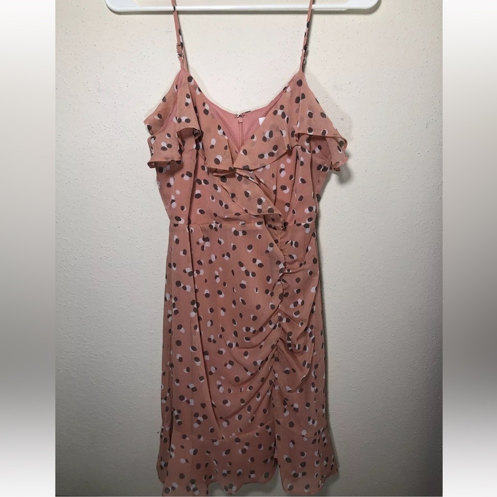 NWT All in Favor Womens Ruffle Wrap Mini Dress XS Dusty Pink Polka Dots V-Neck